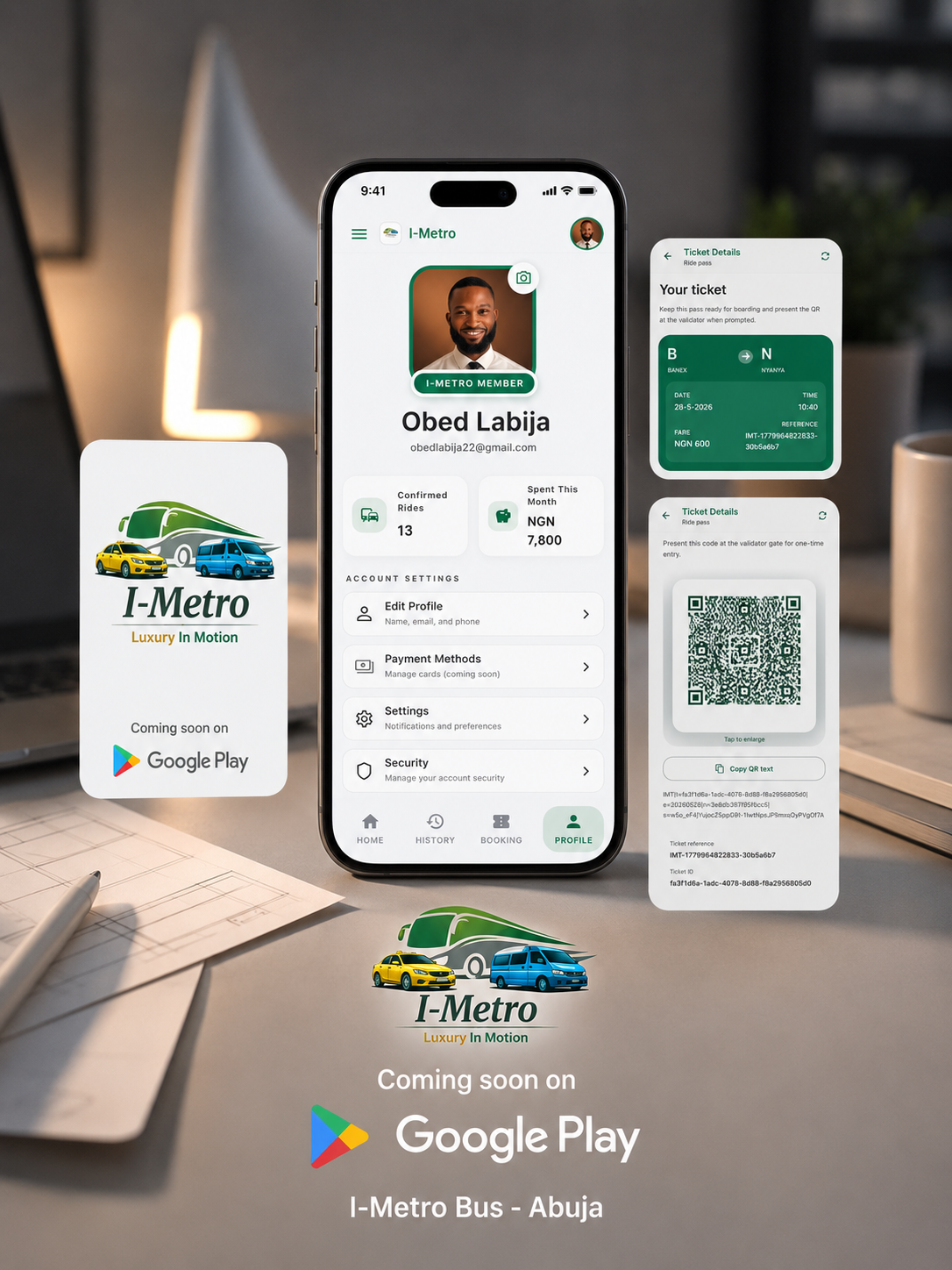 I-Metro rider profile and ticket details shown in a desk-style premium mockup.