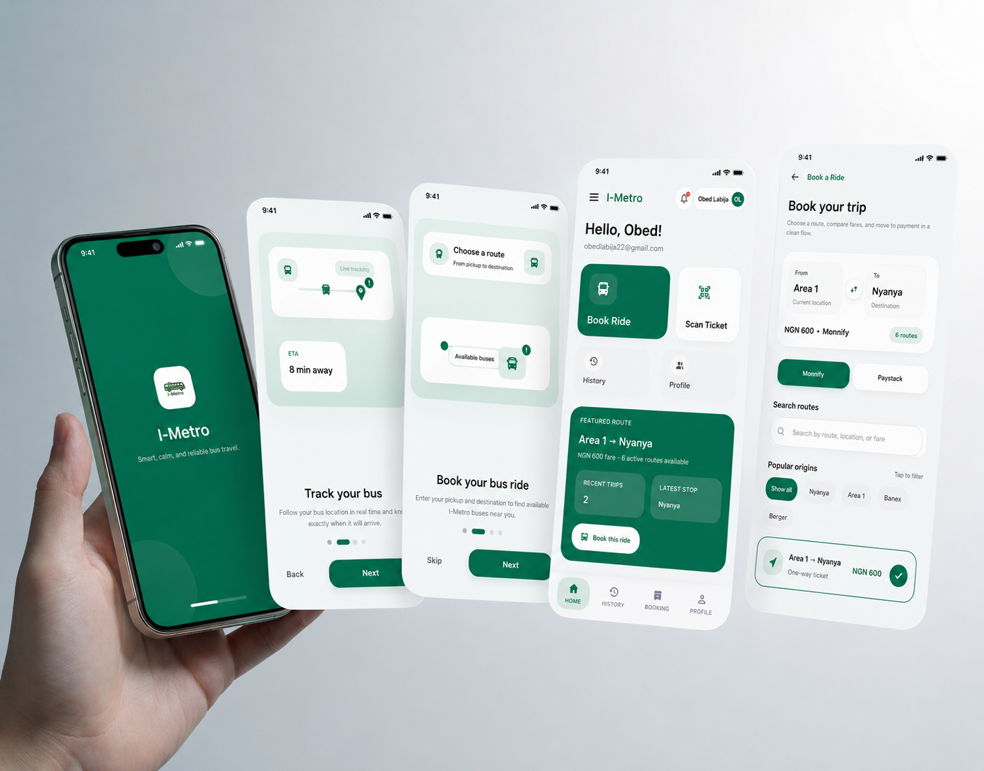 I-Metro app flow shown in a multi-screen premium mockup.