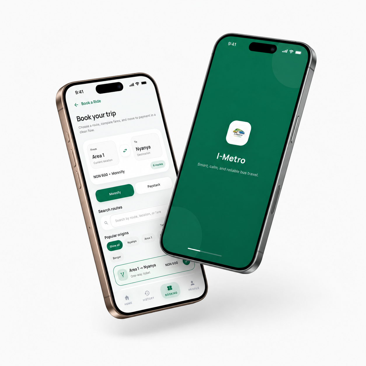 I-Metro rider app shown in a premium dual-phone mockup.