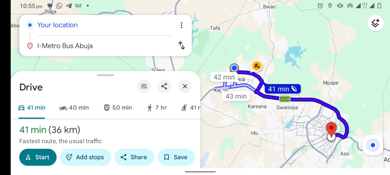 Real-time route map showing the I-Metro destination and live travel estimate.